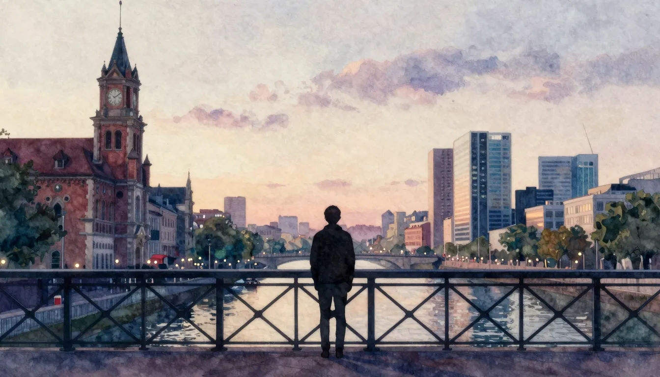 Watercolor style. A silhouette of a person stands on a bridg...