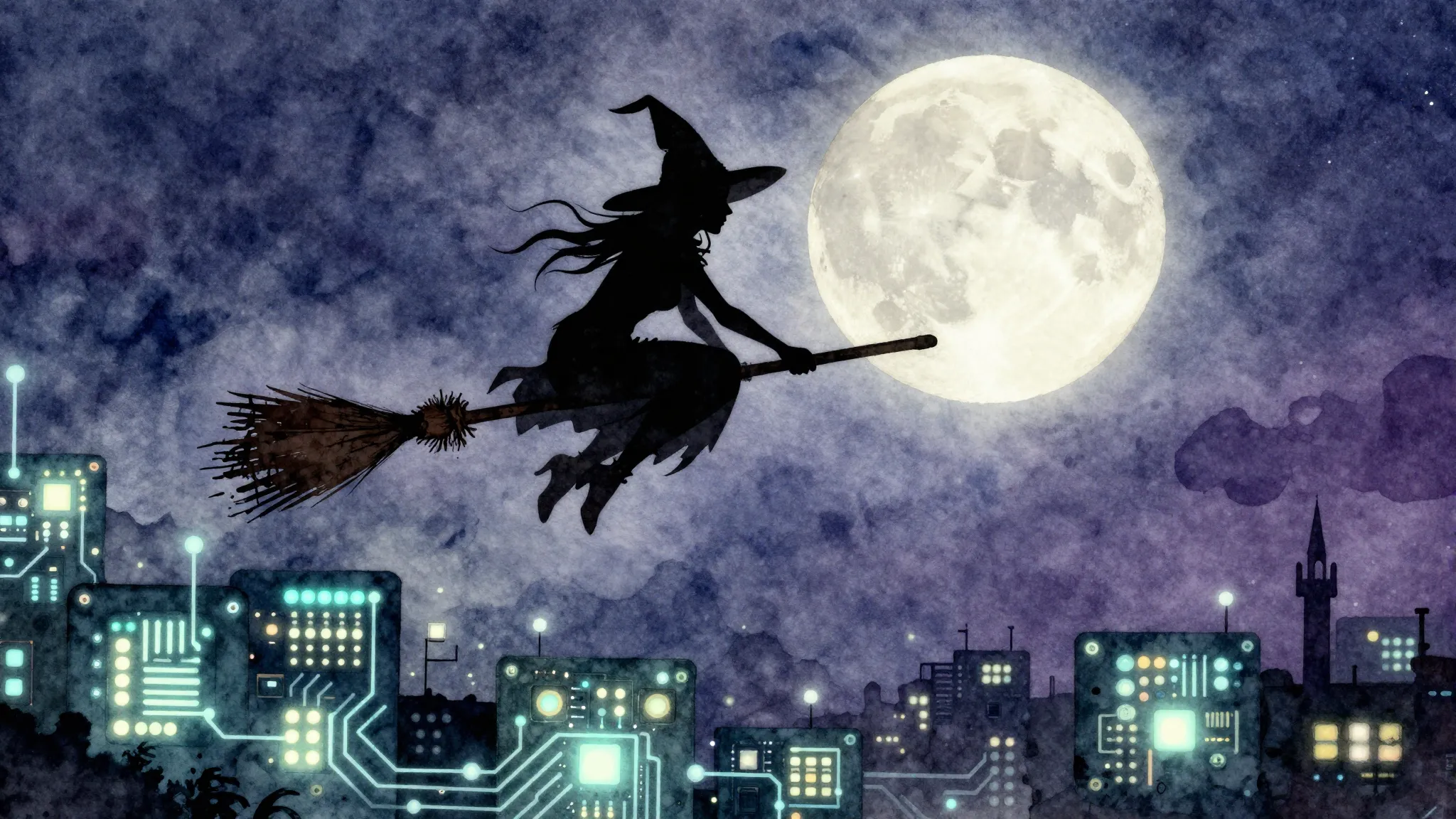 Watercolor style. A silhouette of a witch flying on a brooms...