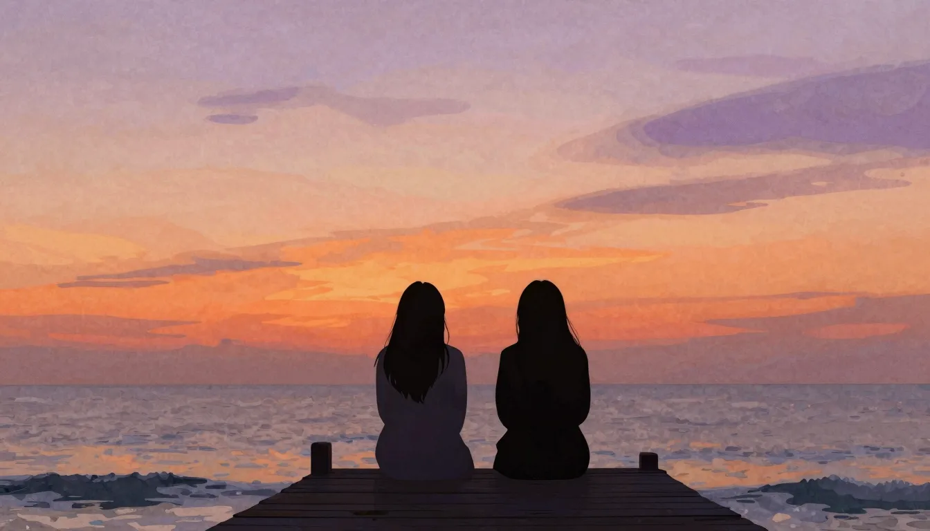 Watercolor style. Silhouette of two female friends sitting o...