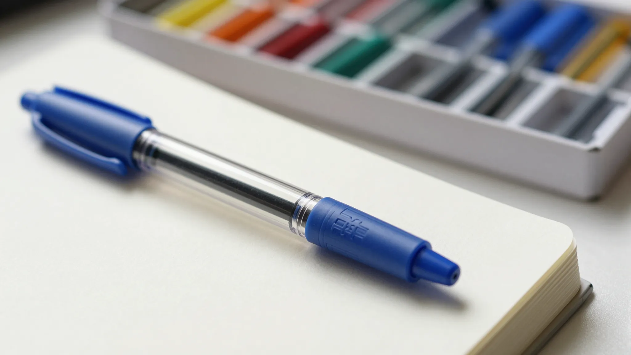Watercolor style. Close-up of a transparent ballpoint pen wi...