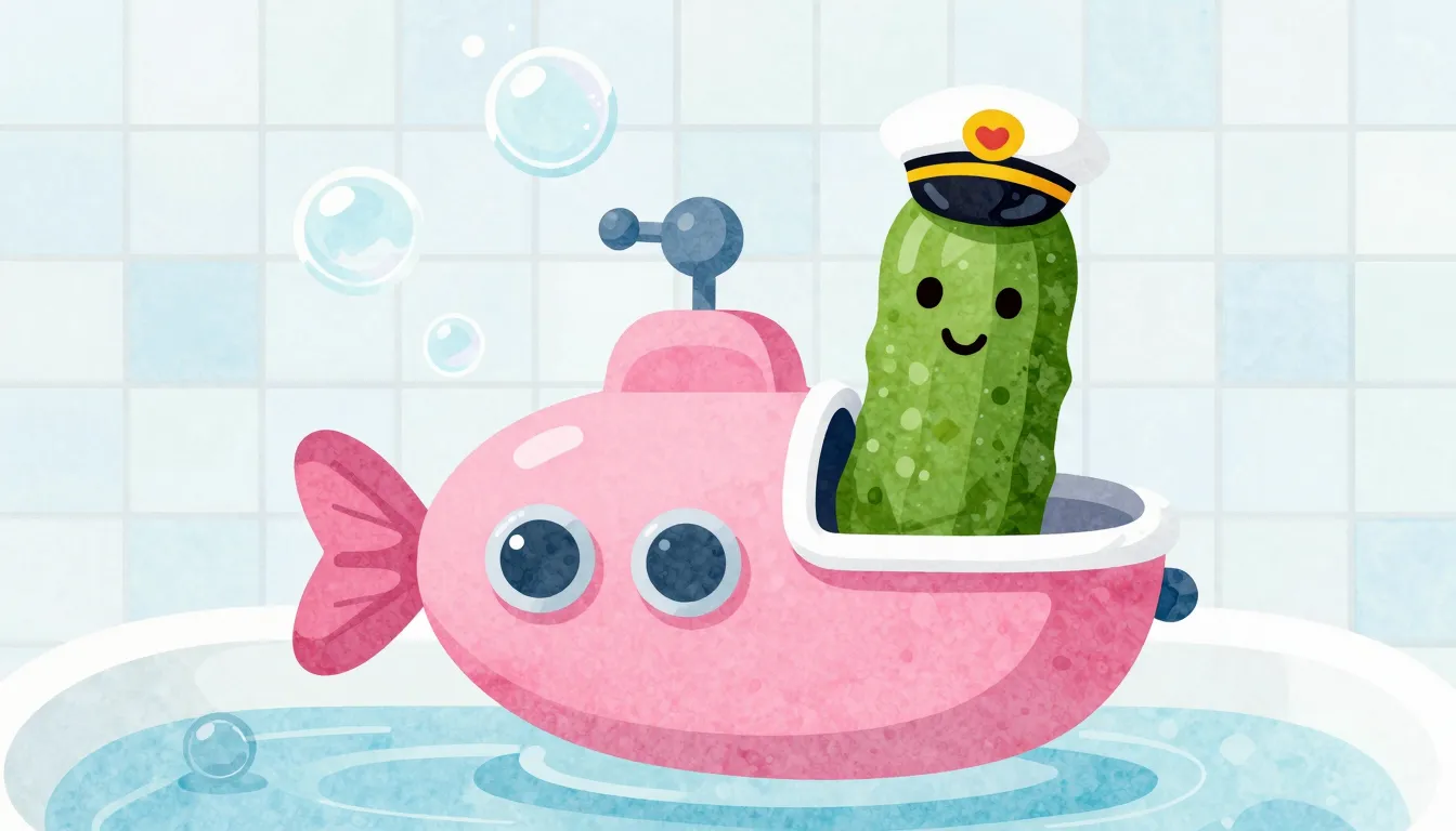 Watercolor style. A pink submarine floating in a bathtub, ca...