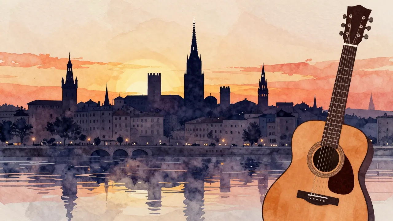Watercolor style. Silhouette of a historical city skyline wi...