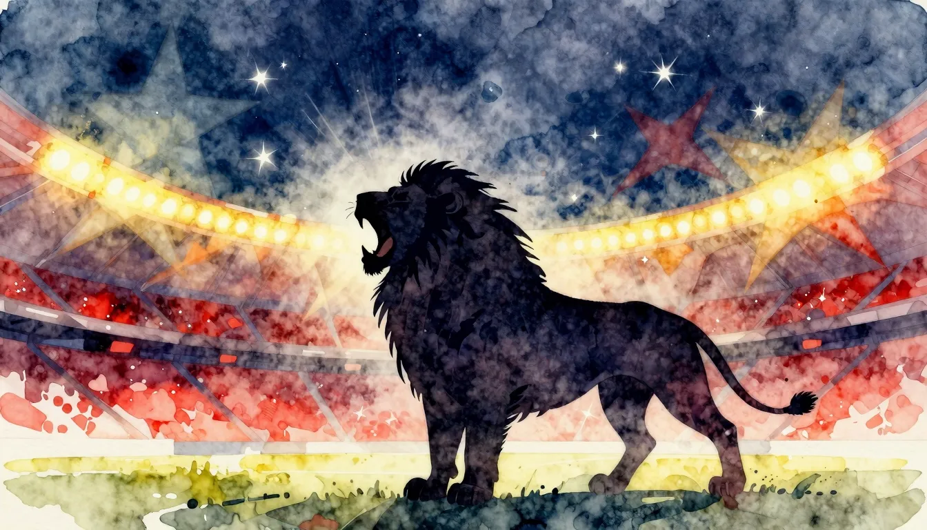 Watercolor style. A silhouette of a roaring lion against a b...