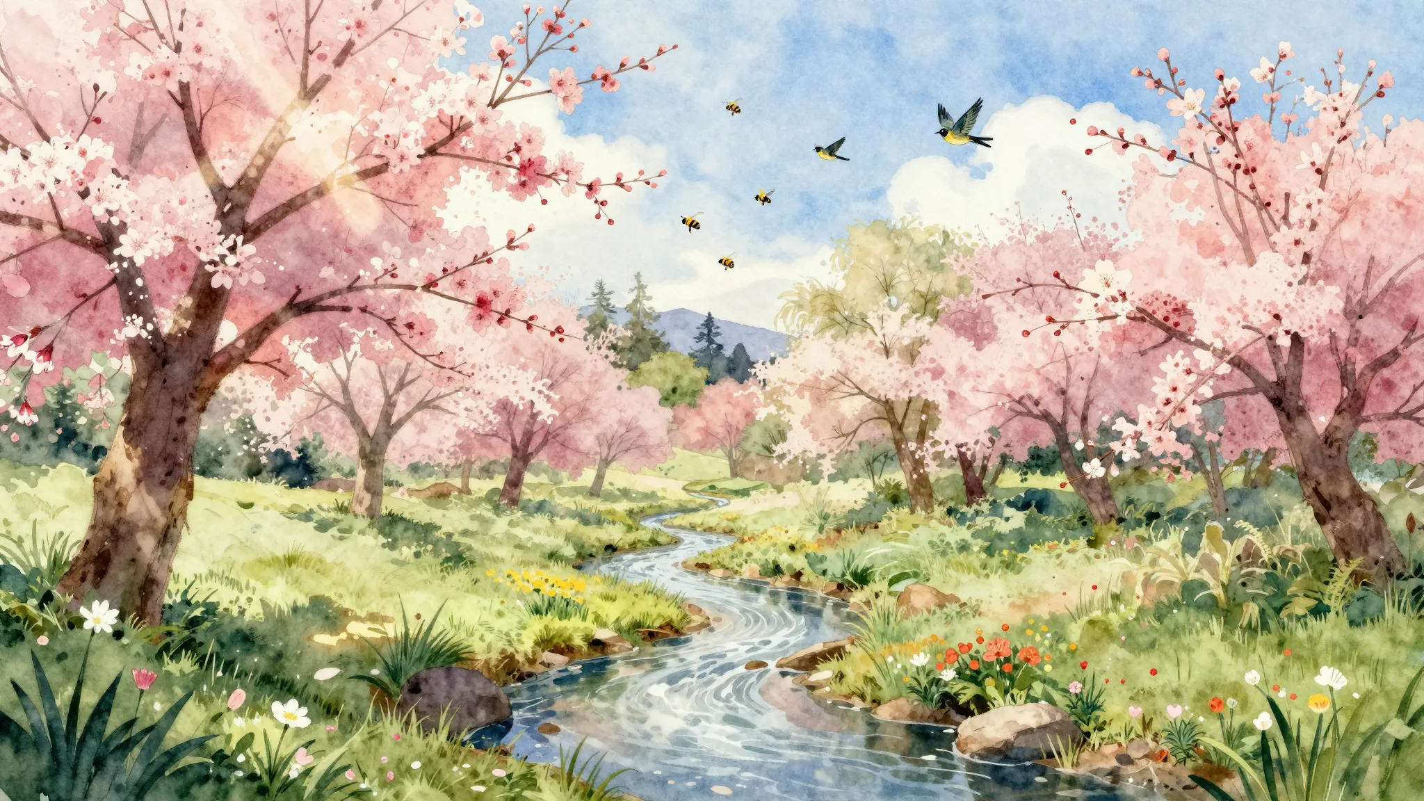 Watercolor style. A beautiful spring landscape with blooming...