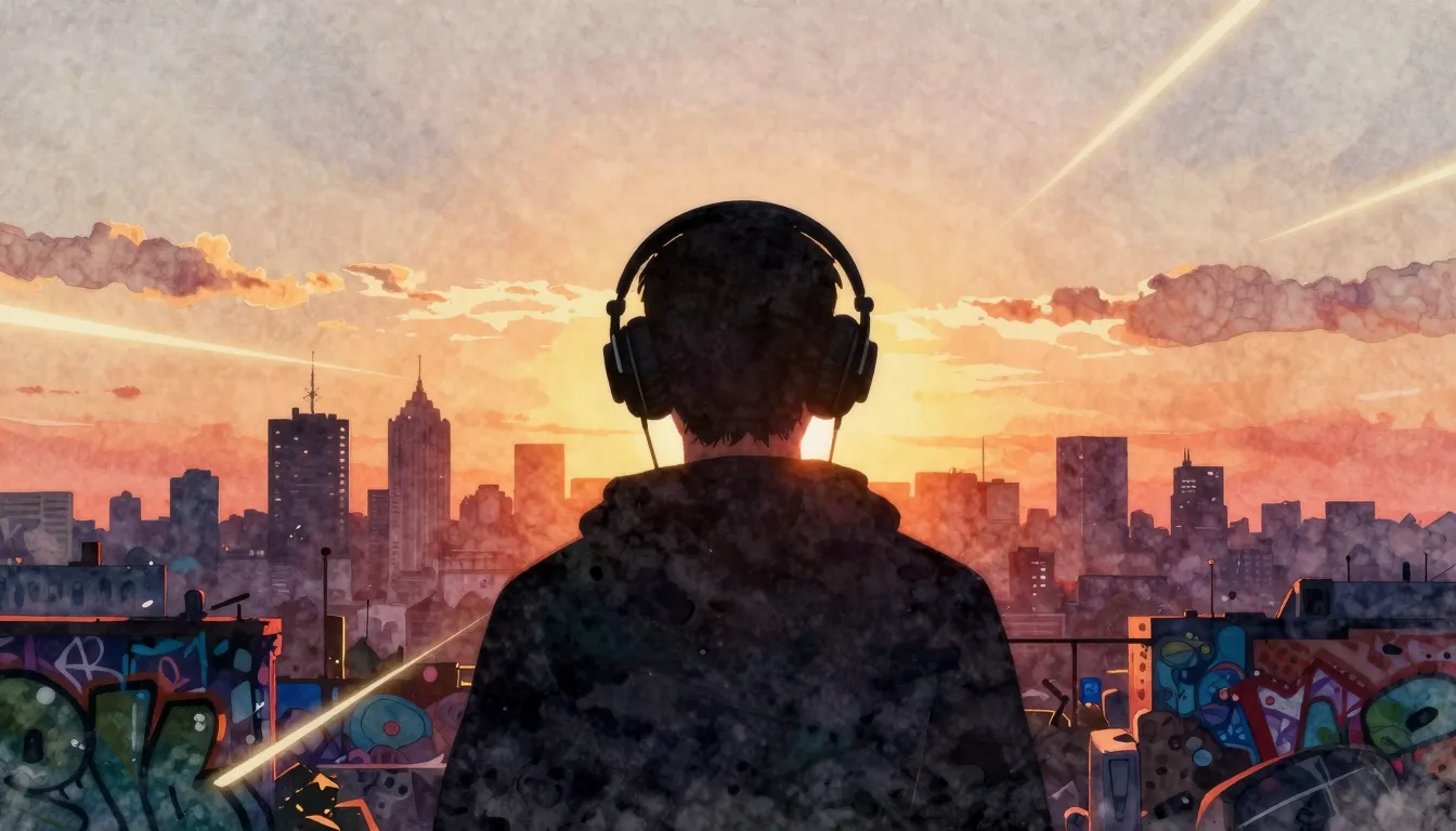 Watercolor style. Silhouette of a person with headphones aga...
