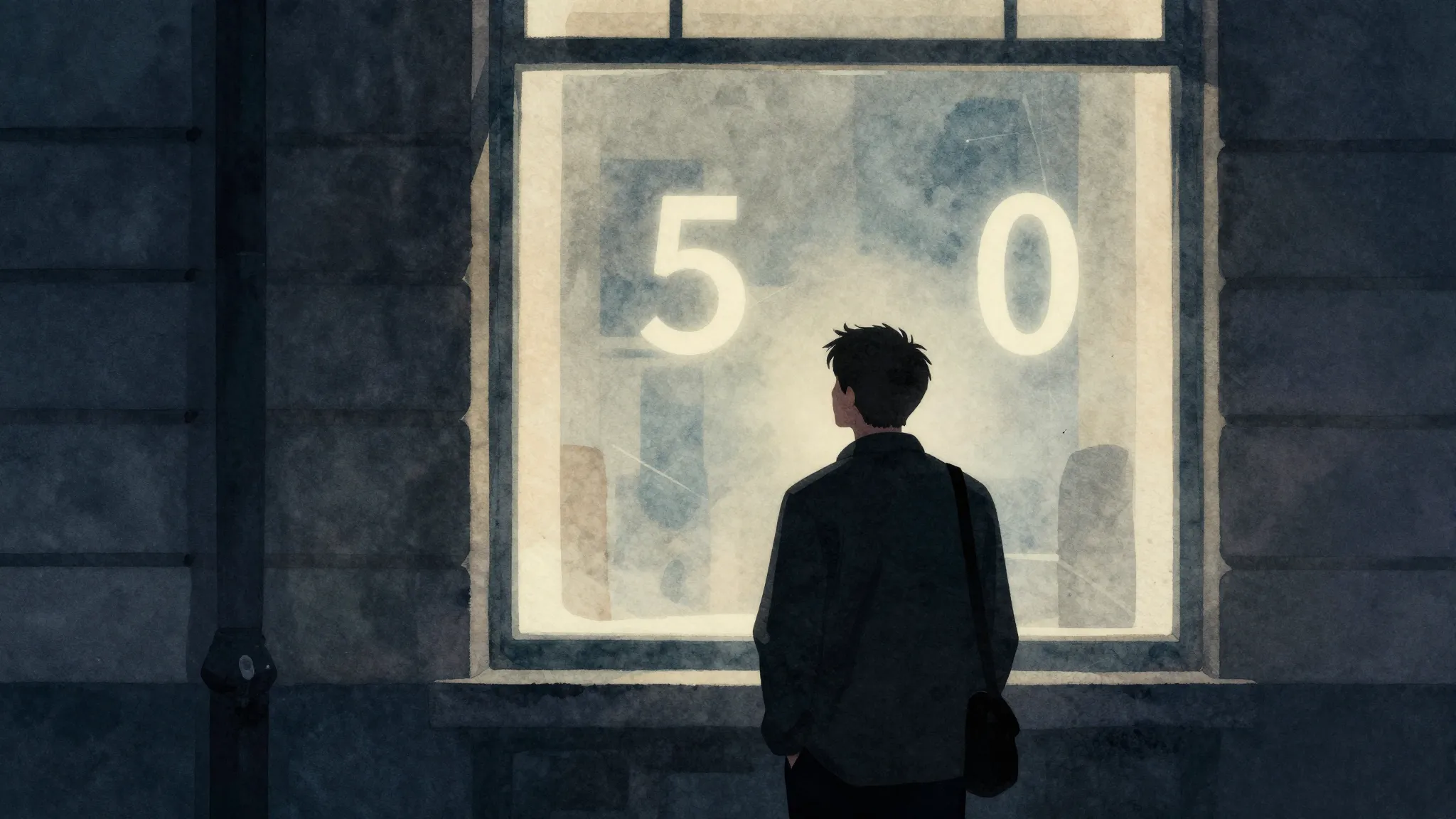 Watercolor style. A silhouette of a man looking at a glowing...
