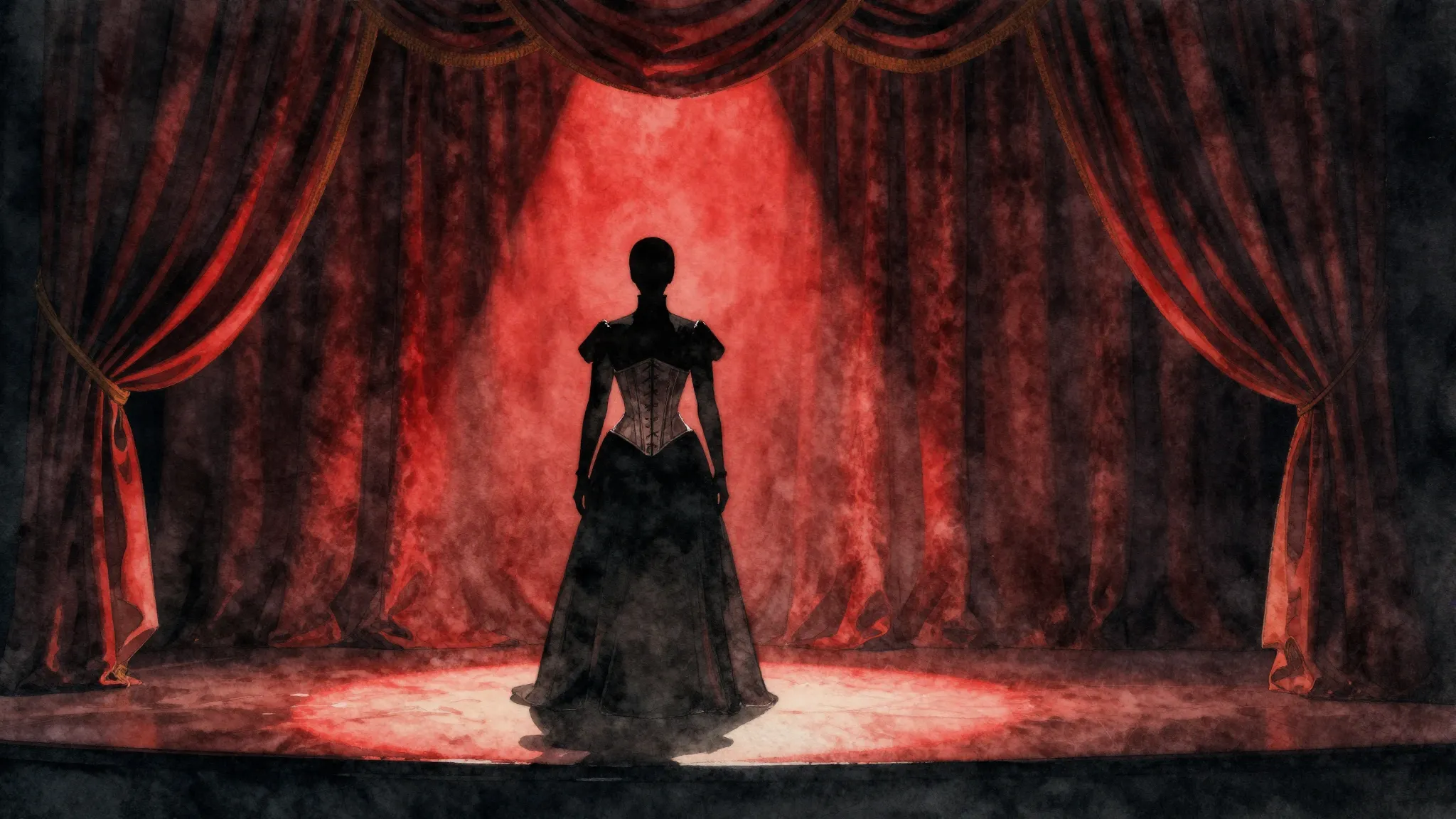 Watercolor style. A dark operatic stage with heavy velvet cu...