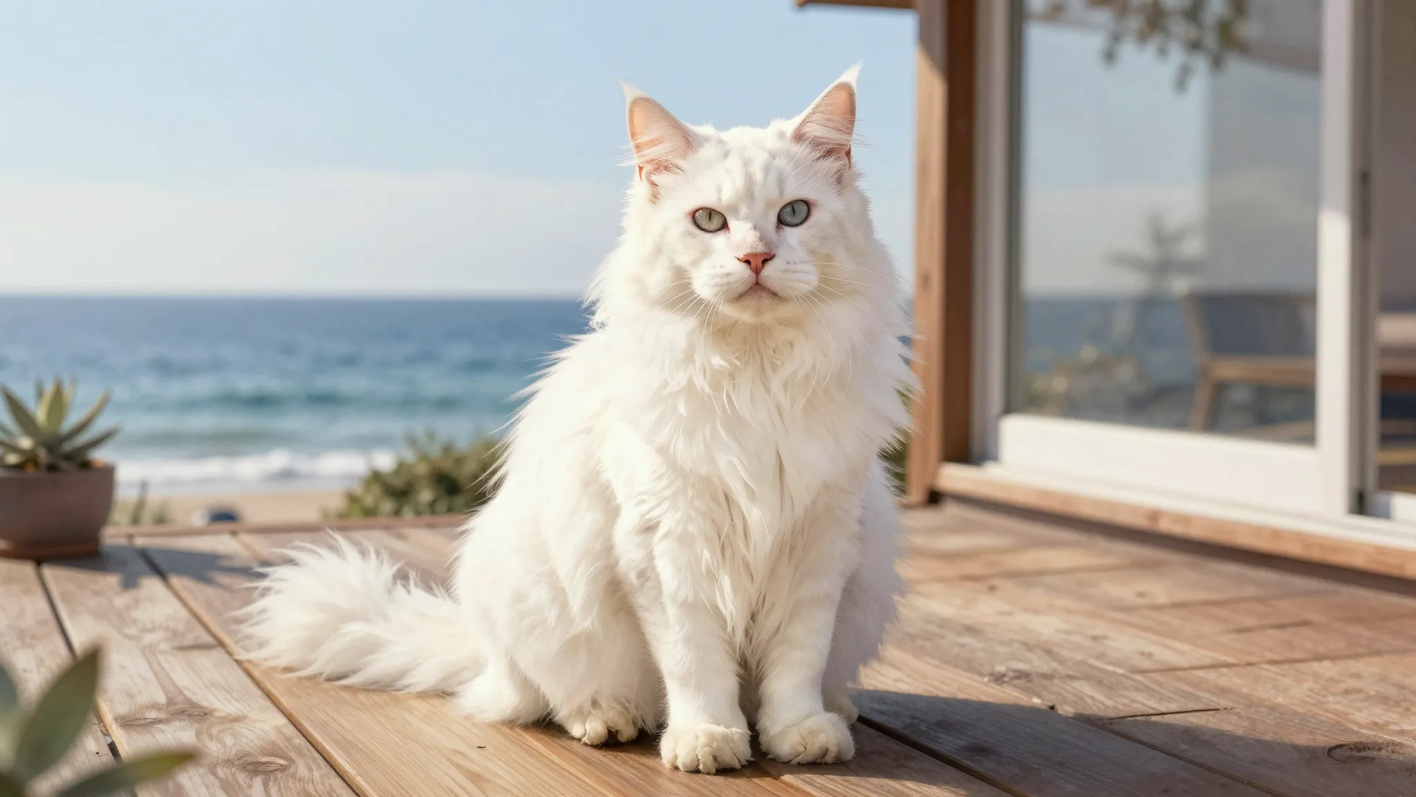 Watercolor style. A majestic white Maine Coon cat with fluff...