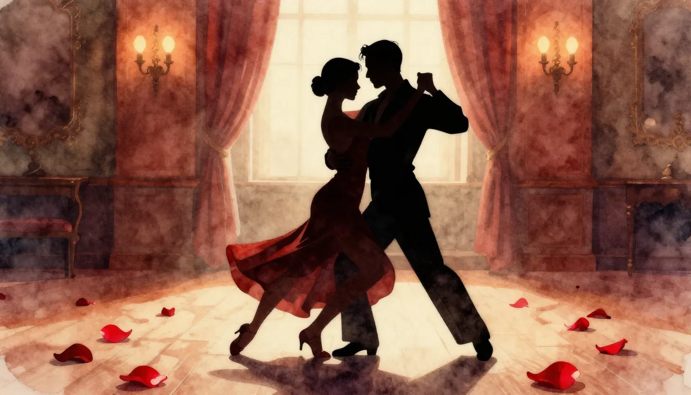 Watercolor style. Silhouette of a couple dancing tango in a ...