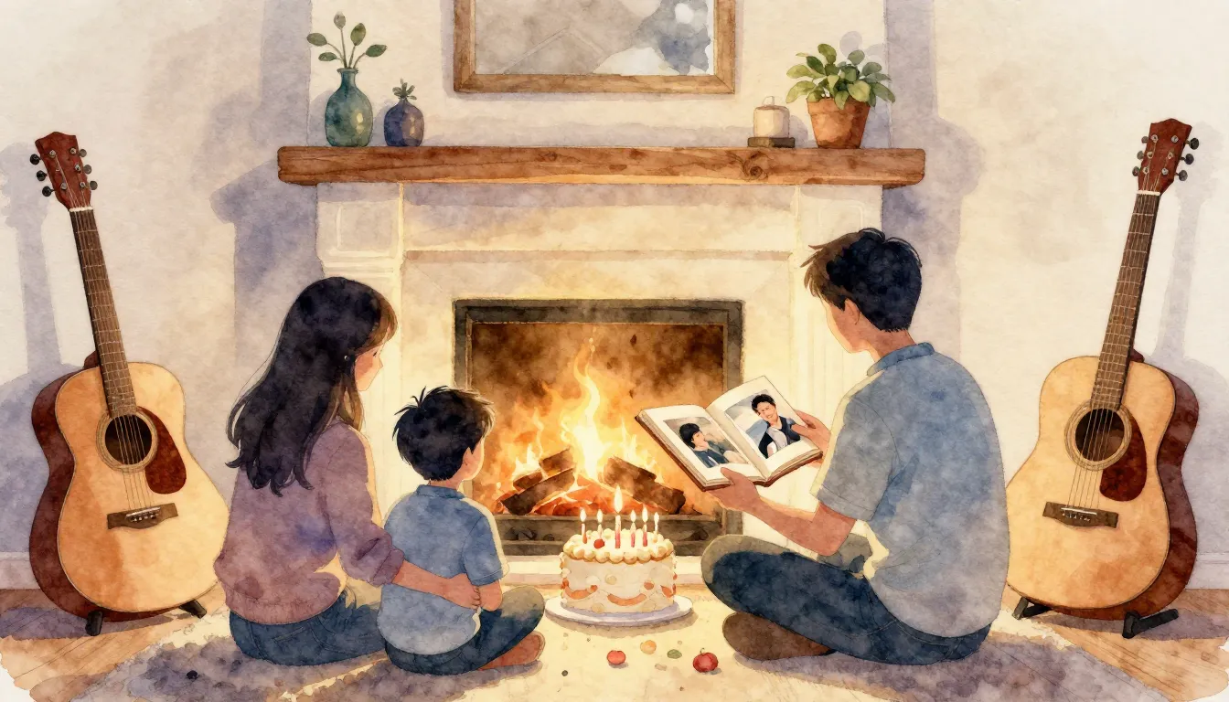 Watercolor style. A cozy living room with a fireplace, silho...