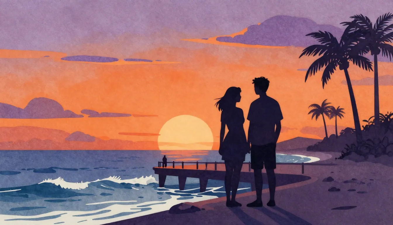 Watercolor style. Silhouettes of a couple standing on a pier...