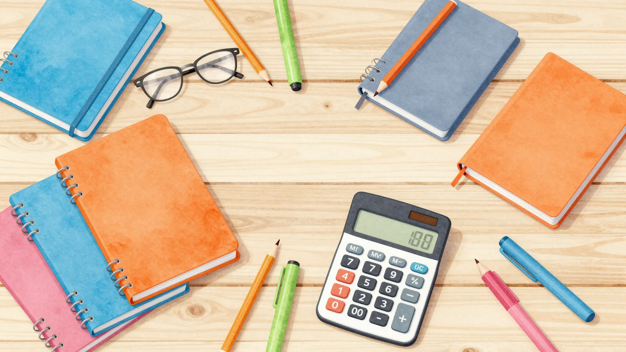 Watercolor style. Vibrant flat lay of school supplies: color...
