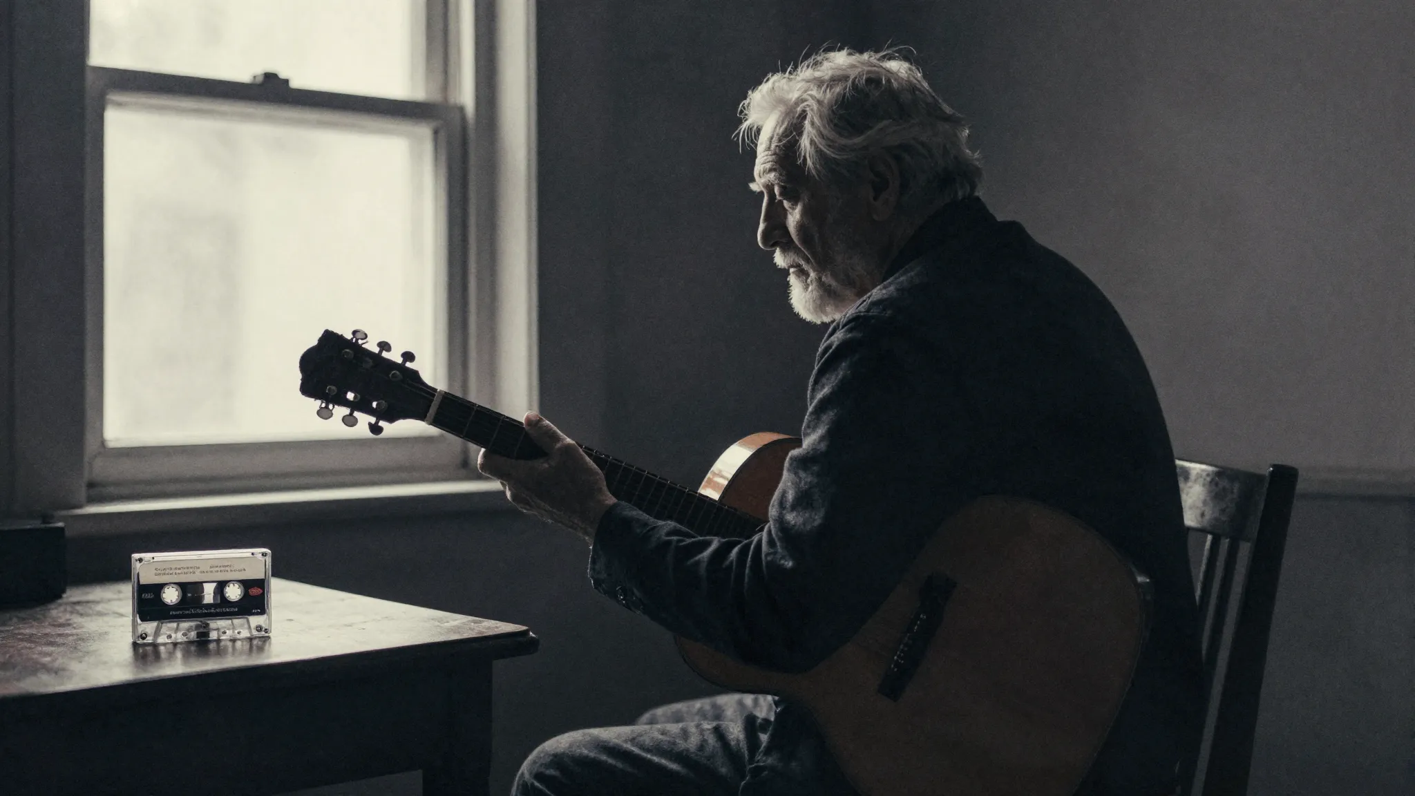Watercolor style. Silhouette of an old man with a guitar sit...