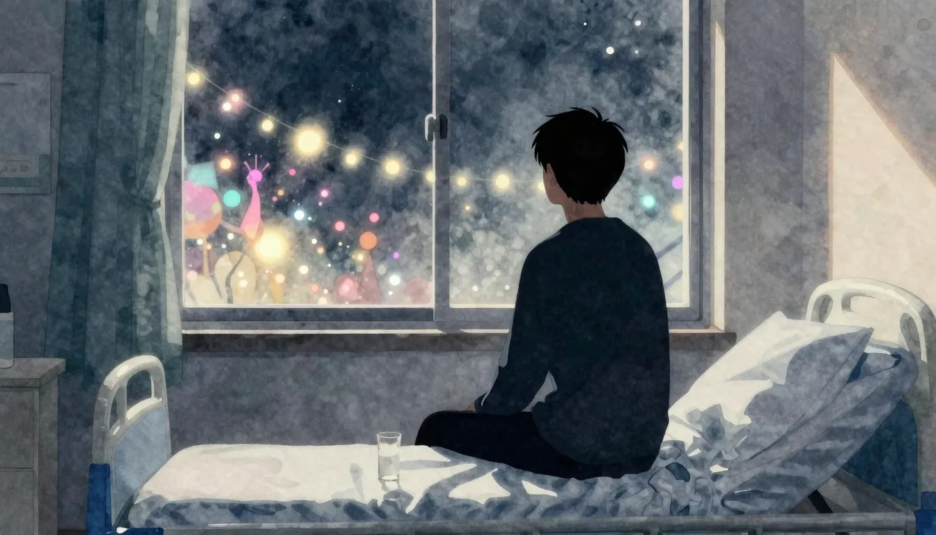 Watercolor style. A dark silhouette of a person sitting on a...