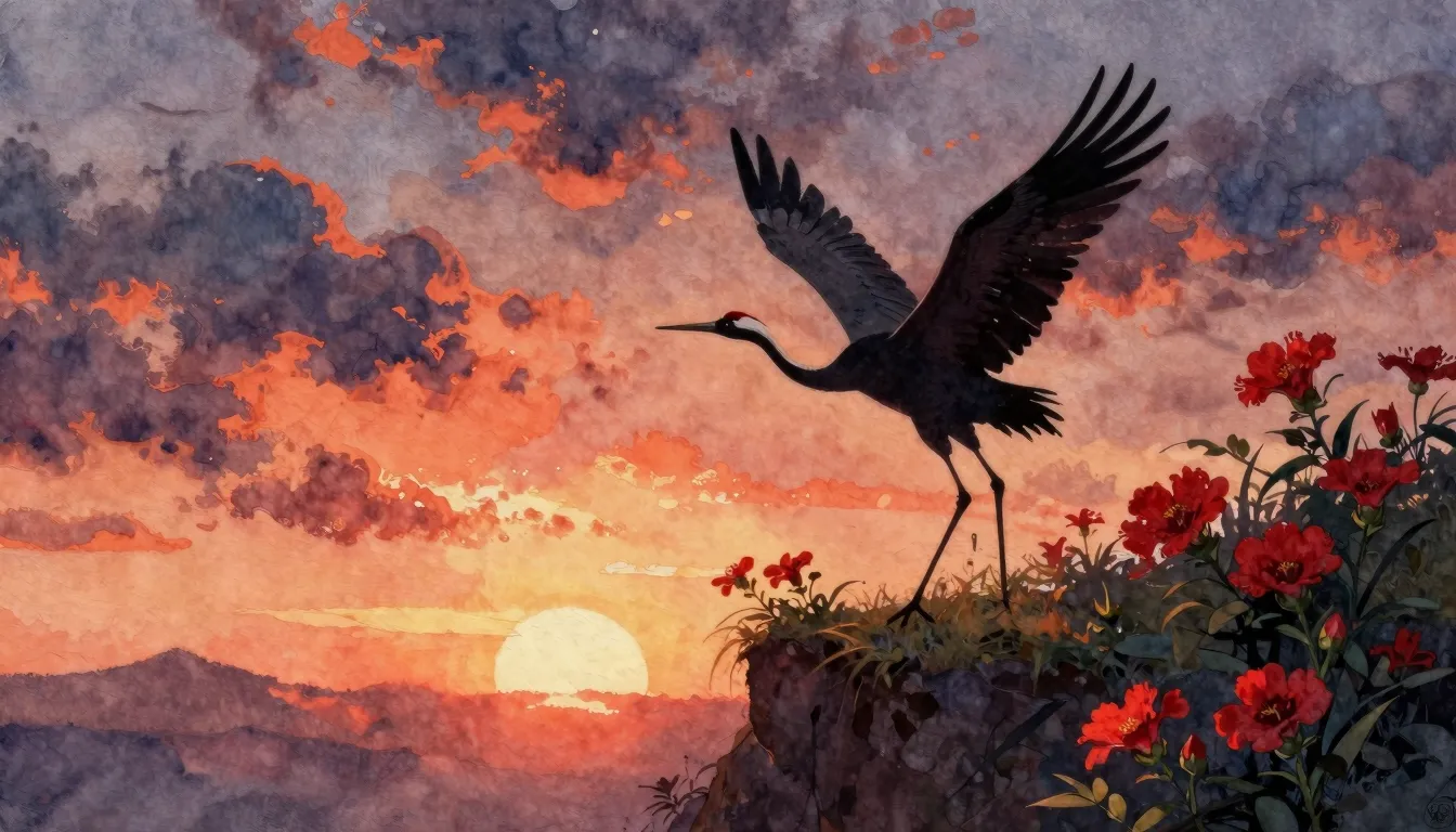 Watercolor style. A silhouette of a crane flying over red fl...