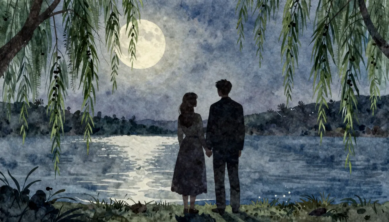 Watercolor style. Silhouette of a young couple standing by a...