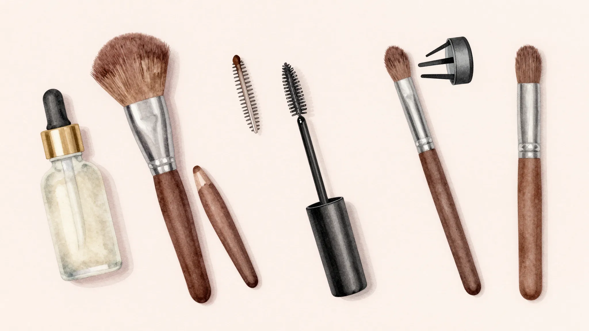 Watercolor style. Aesthetic beauty salon tools, makeup brush...