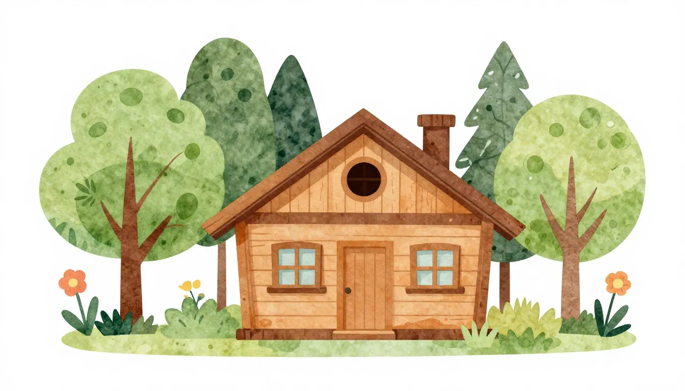 Watercolor style. Silhouette of a cozy wooden hut surrounded...