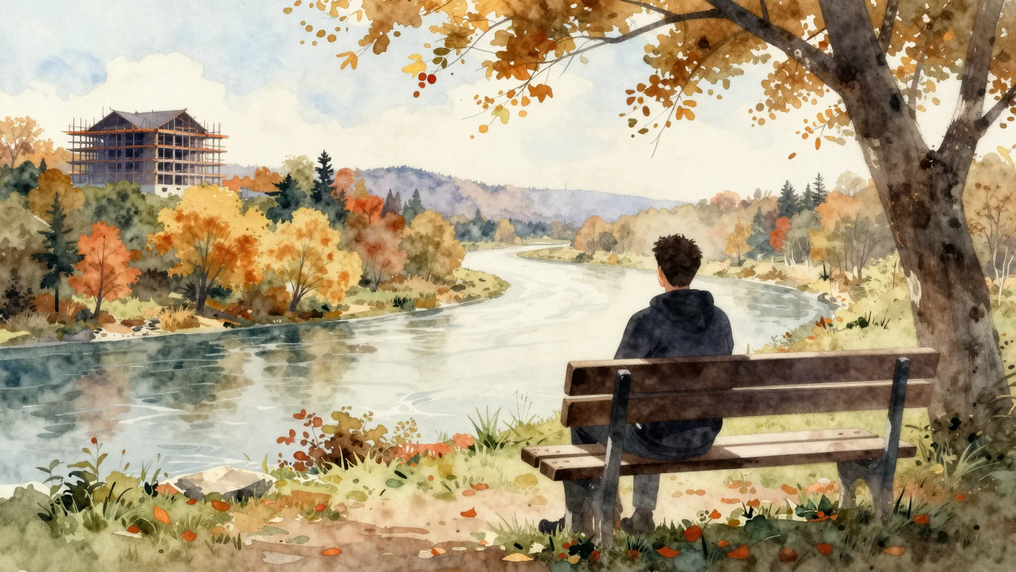 Watercolor style. A silhouette of a man sitting on a bench o...