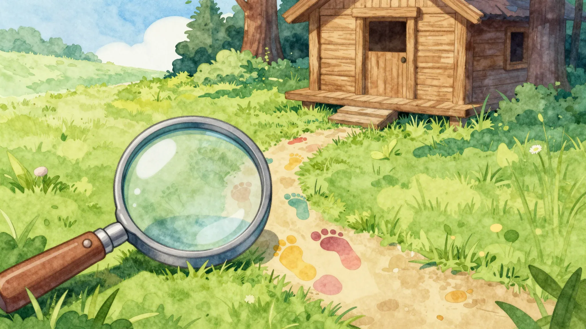 Watercolor style. A magnifying glass lying on green grass, f...
