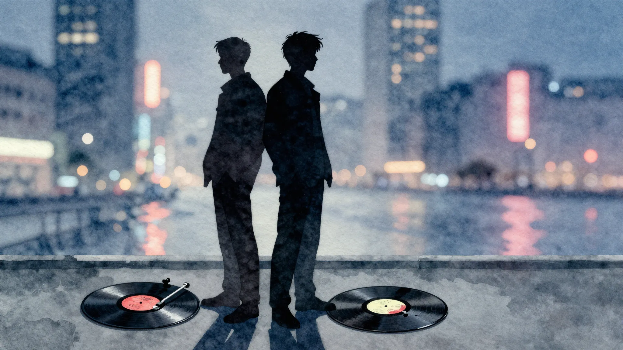 Watercolor style. Two dark silhouettes standing back to back...