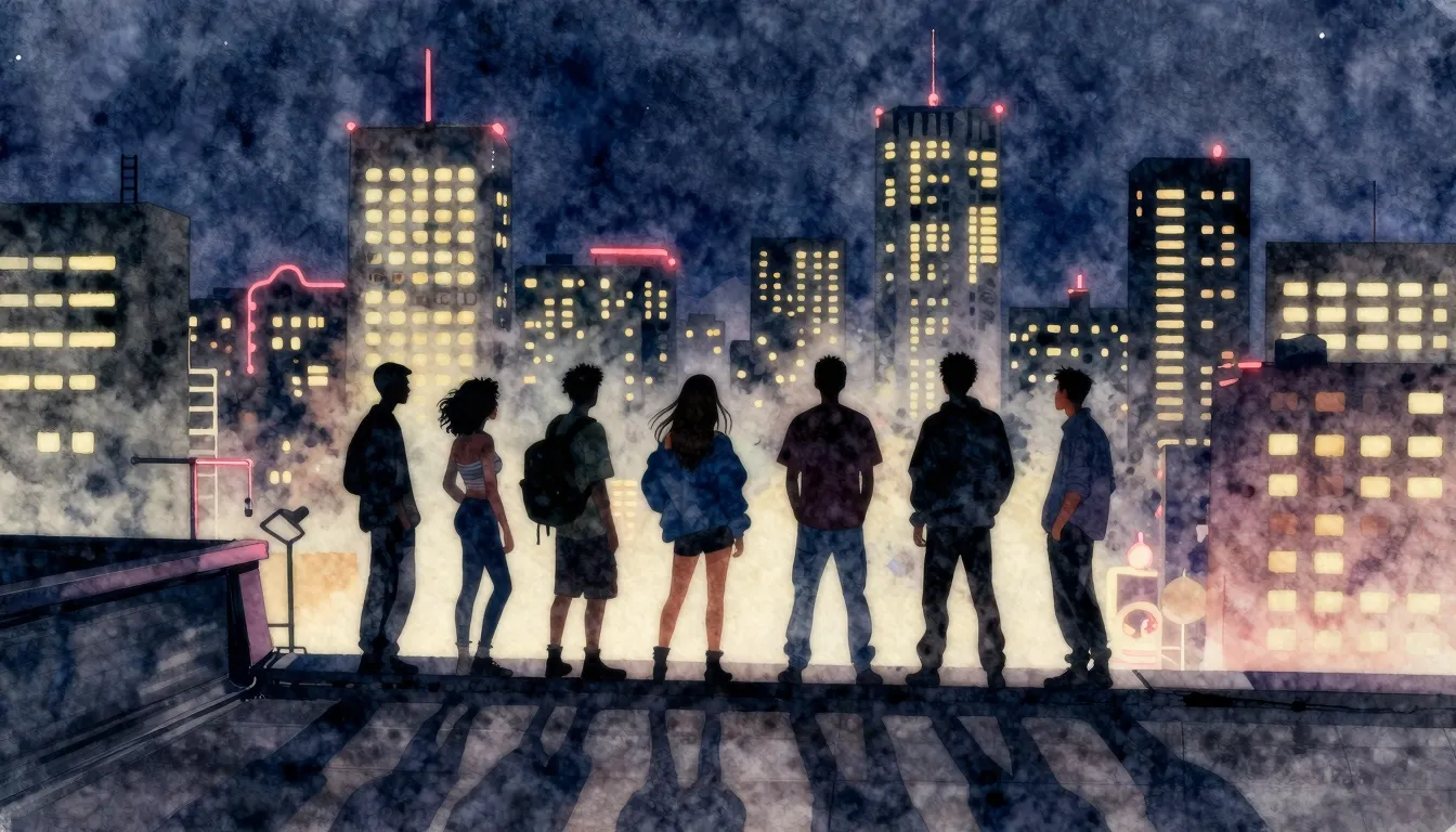 Watercolor style. A silhouette of a group of friends standin...