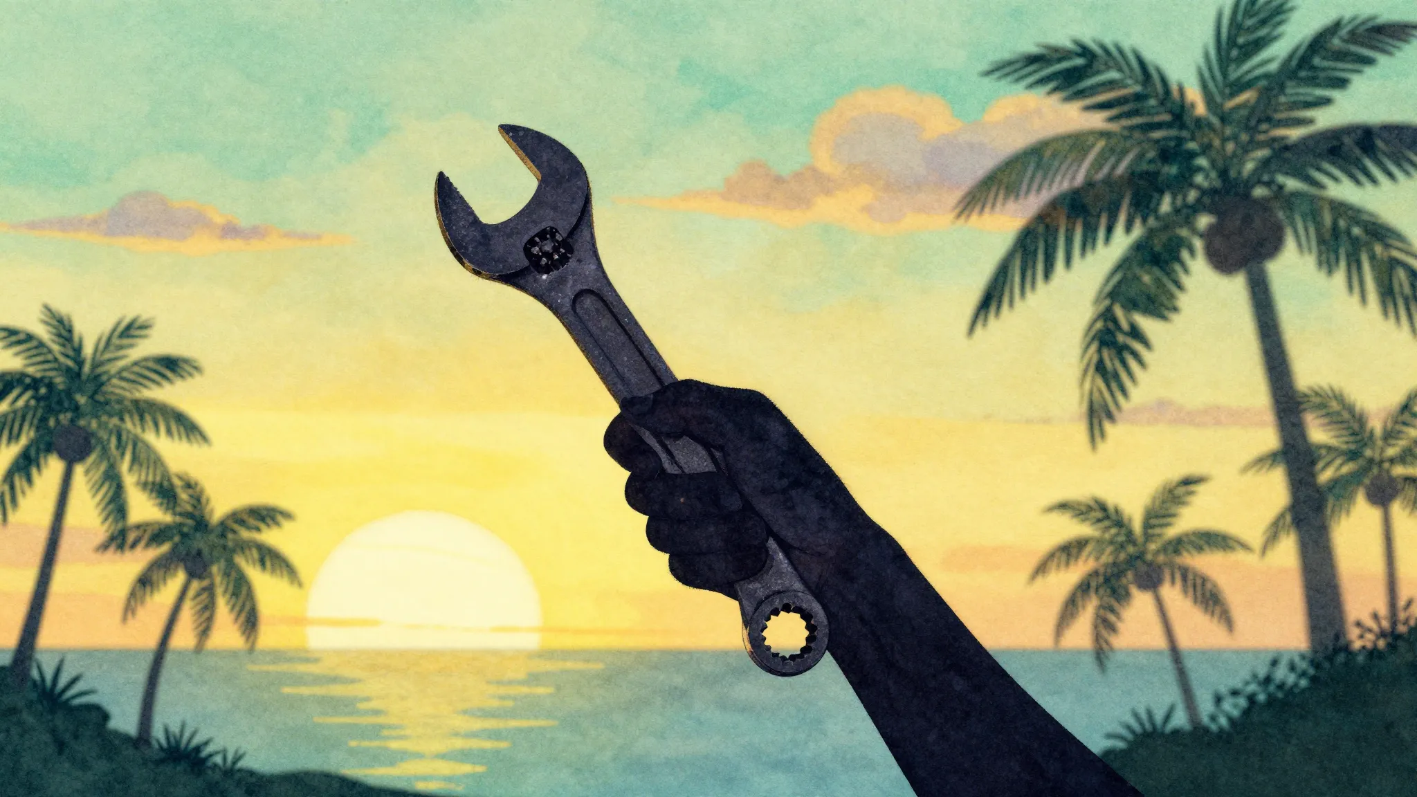 Watercolor style. A silhouette of a person holding a wrench ...