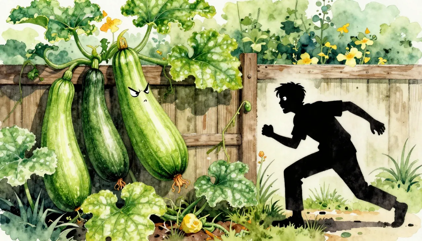 Watercolor style. Chaotic garden scene, aggressive green zuc...