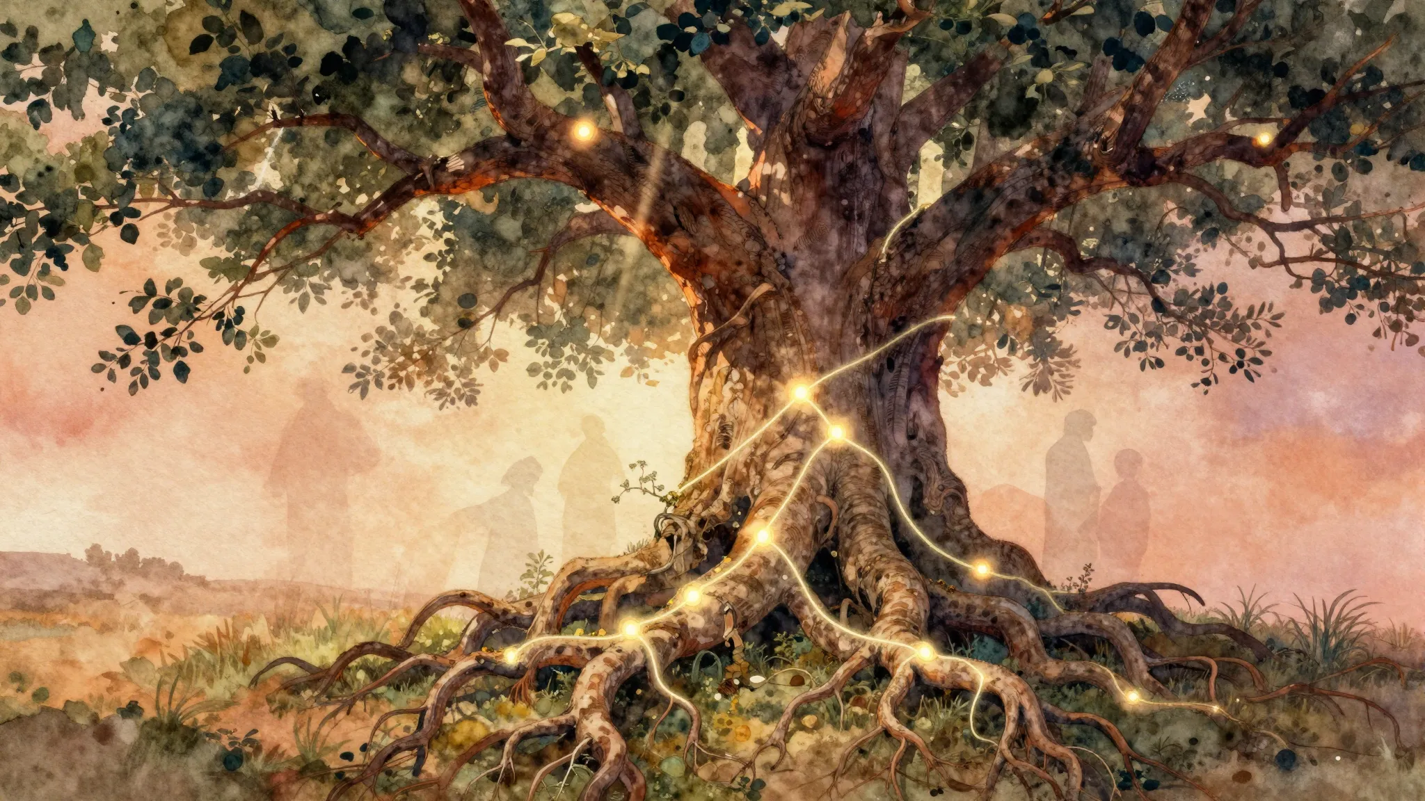 Vibrant watercolor style. Folk album cover: ancient tree wit...