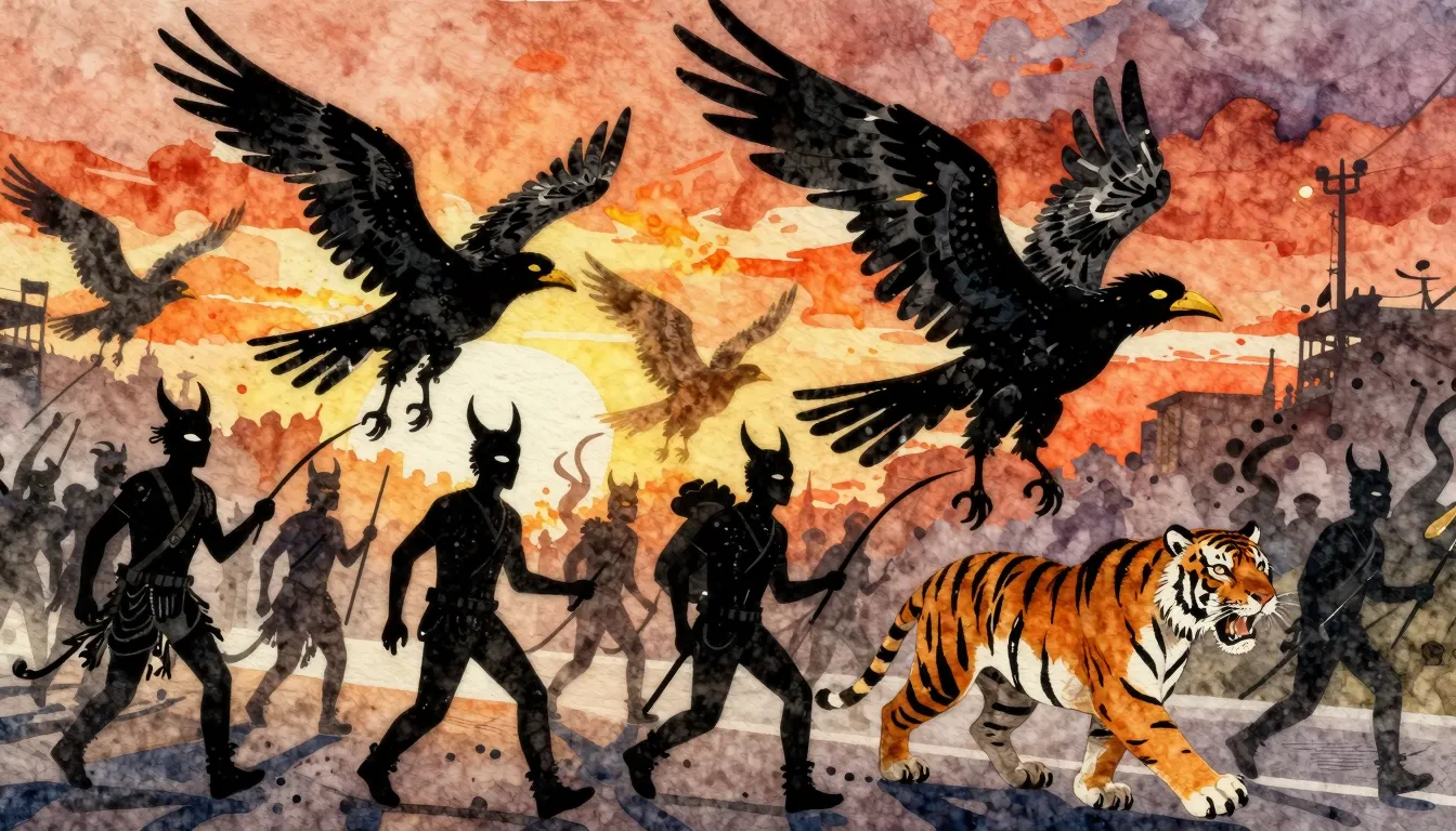 Watercolor style. A dynamic, chaotic parade of silhouettes a...
