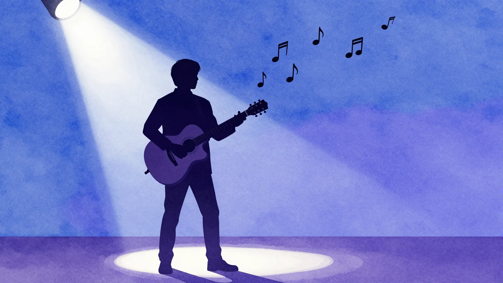 Watercolor style. A silhouette of a person standing on a sta...