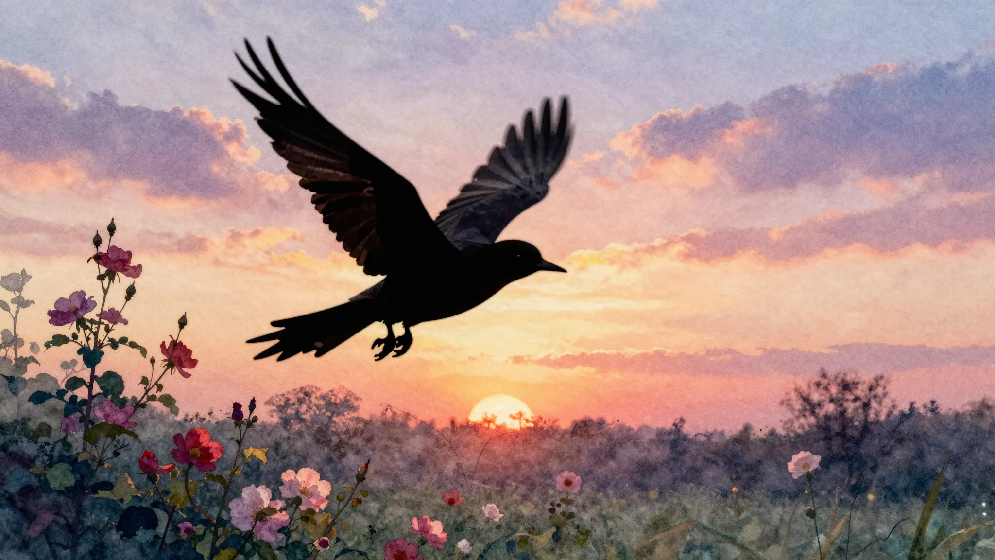 Watercolor style. Silhouette of a bird flying over a bloomin...