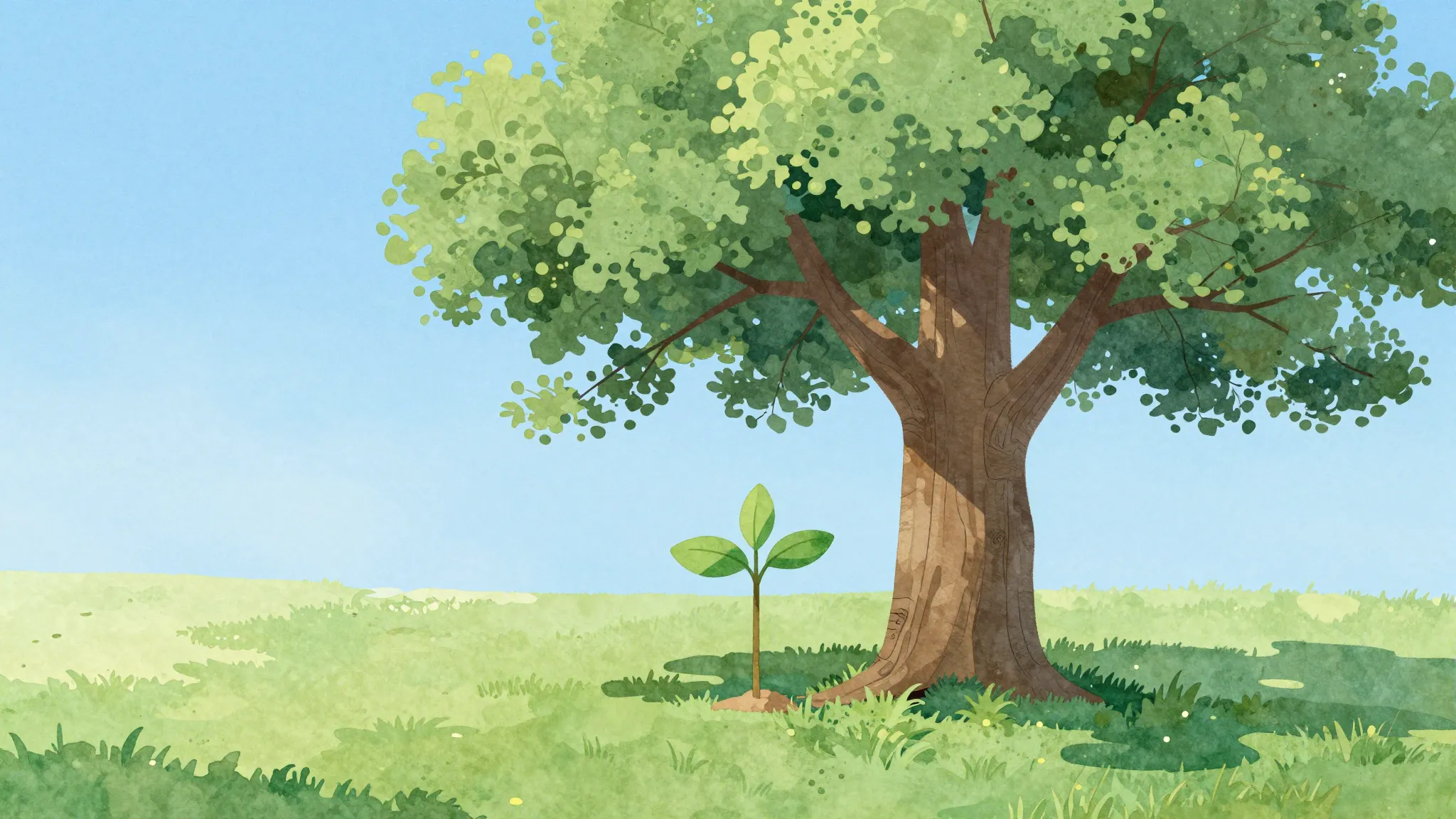 Watercolor style. A stylized illustration of a sturdy oak tr...