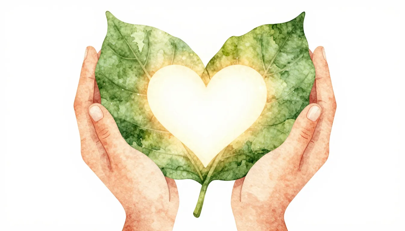 Watercolor style. Stylized image of a large green leaf held ...