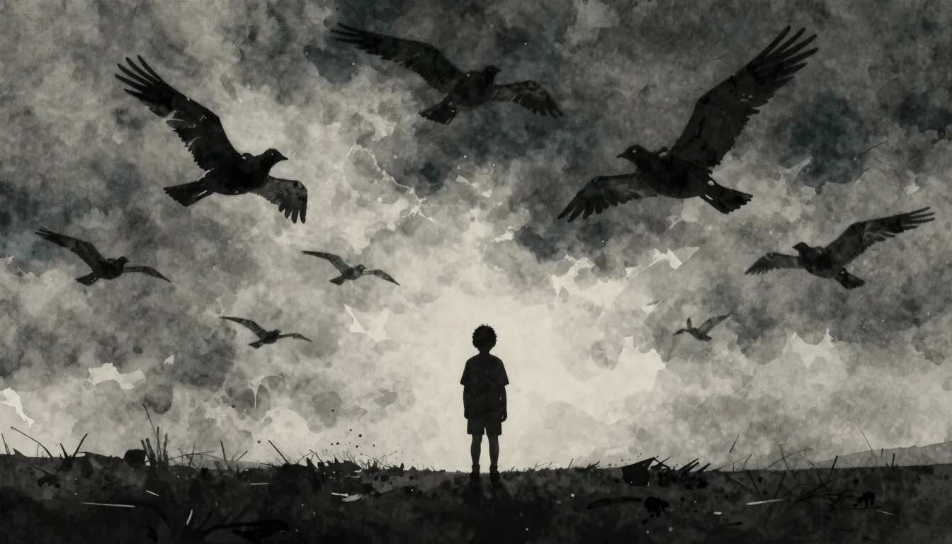 Watercolor style. A dark silhouette of a small child standin...