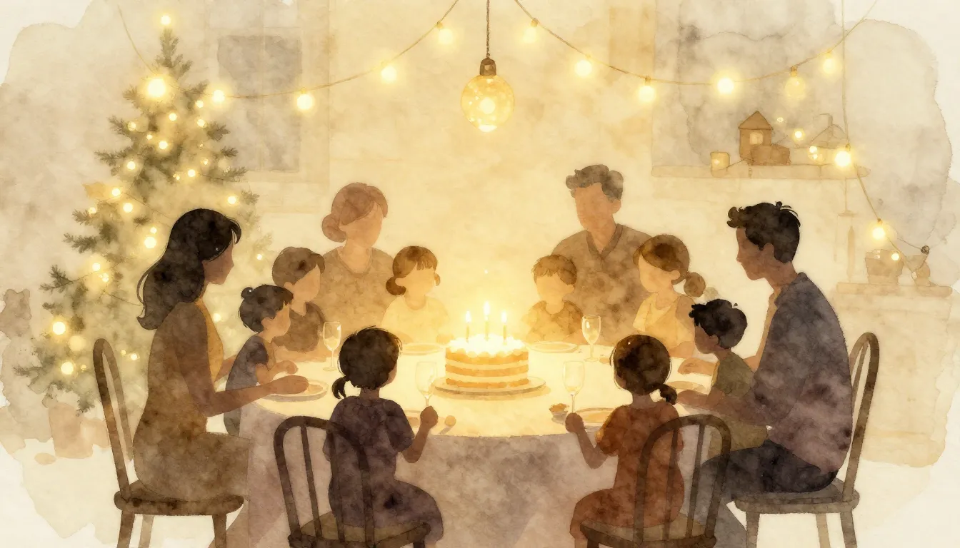 Watercolor style. A warm festive scene with silhouettes of a...