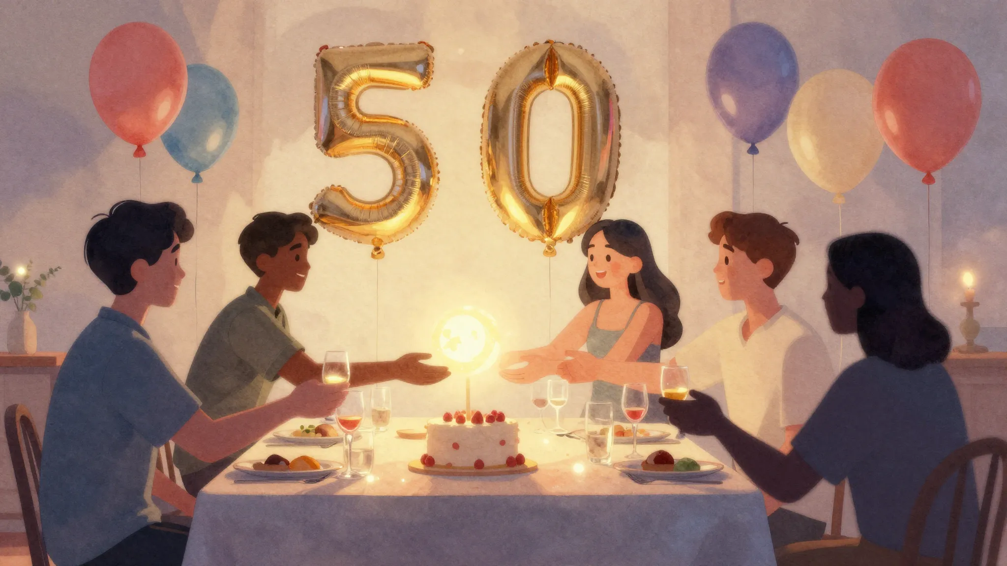 Watercolor style. Silhouettes of friends at a festive table ...