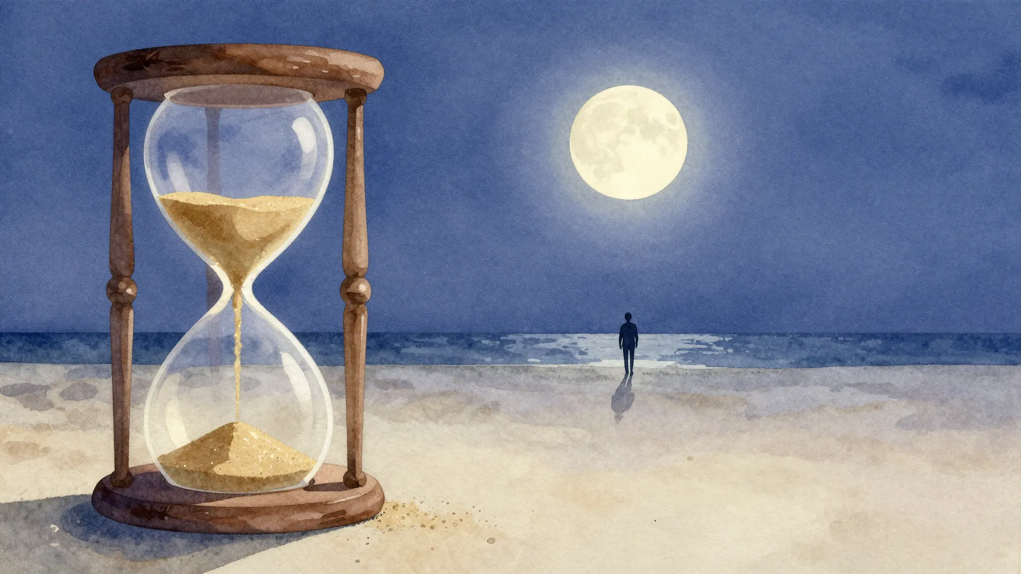 Watercolor style. A large hourglass on a silent beach, sand ...