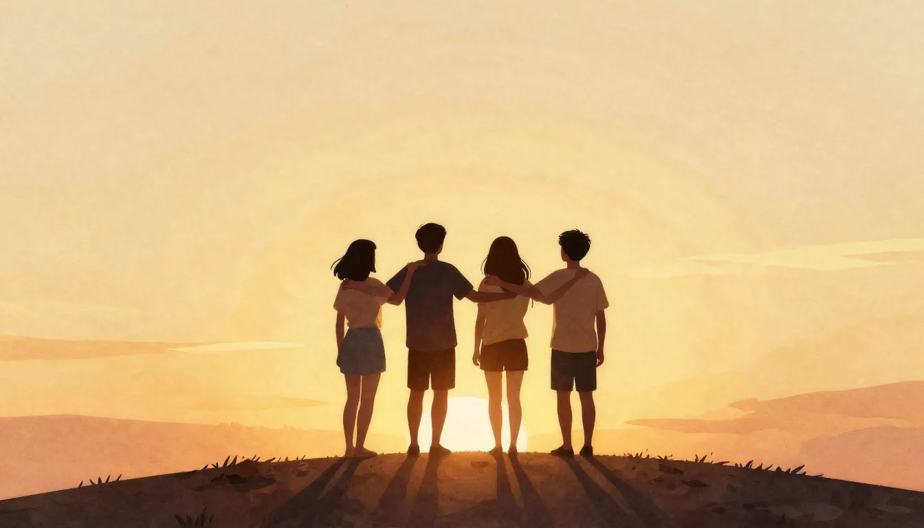 Watercolor style. Silhouettes of four friends standing on a ...