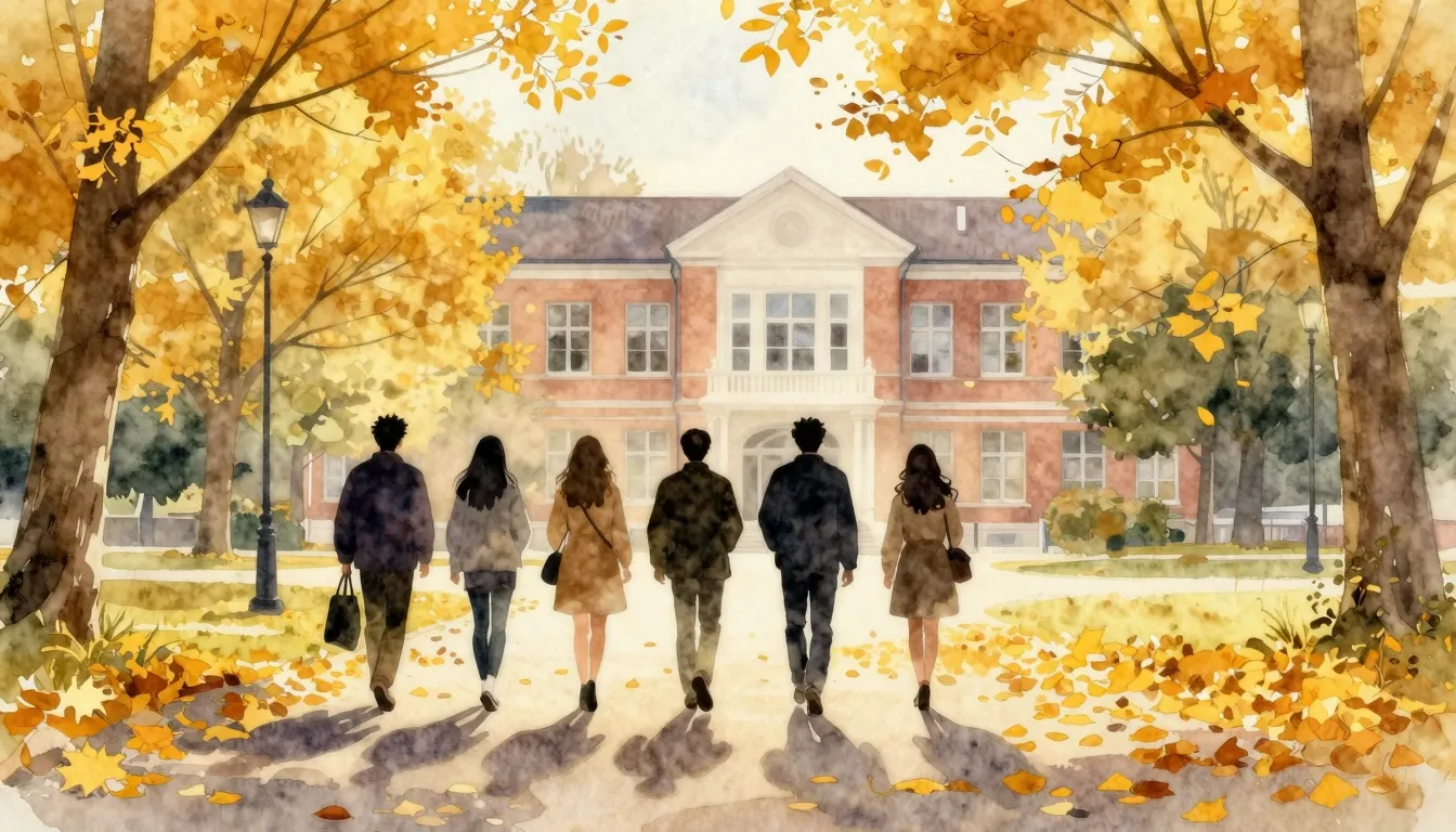 Watercolor style. Golden autumn park, silhouettes of a group...