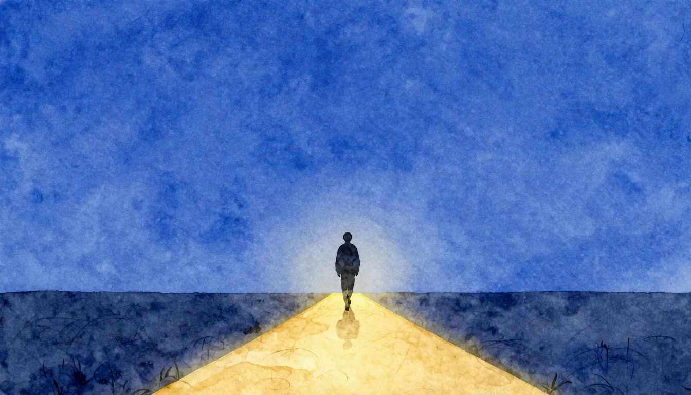 Watercolor style. A lone silhouette of a person walking on a...