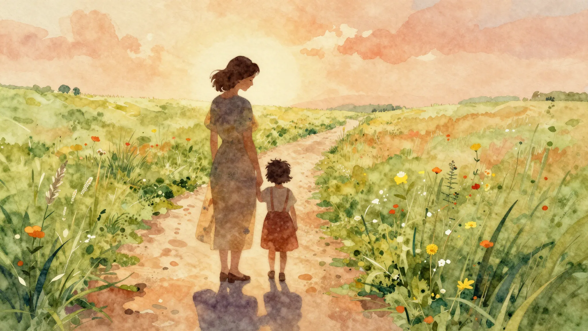Vibrant watercolor style. Folk song album cover, motherly em...
