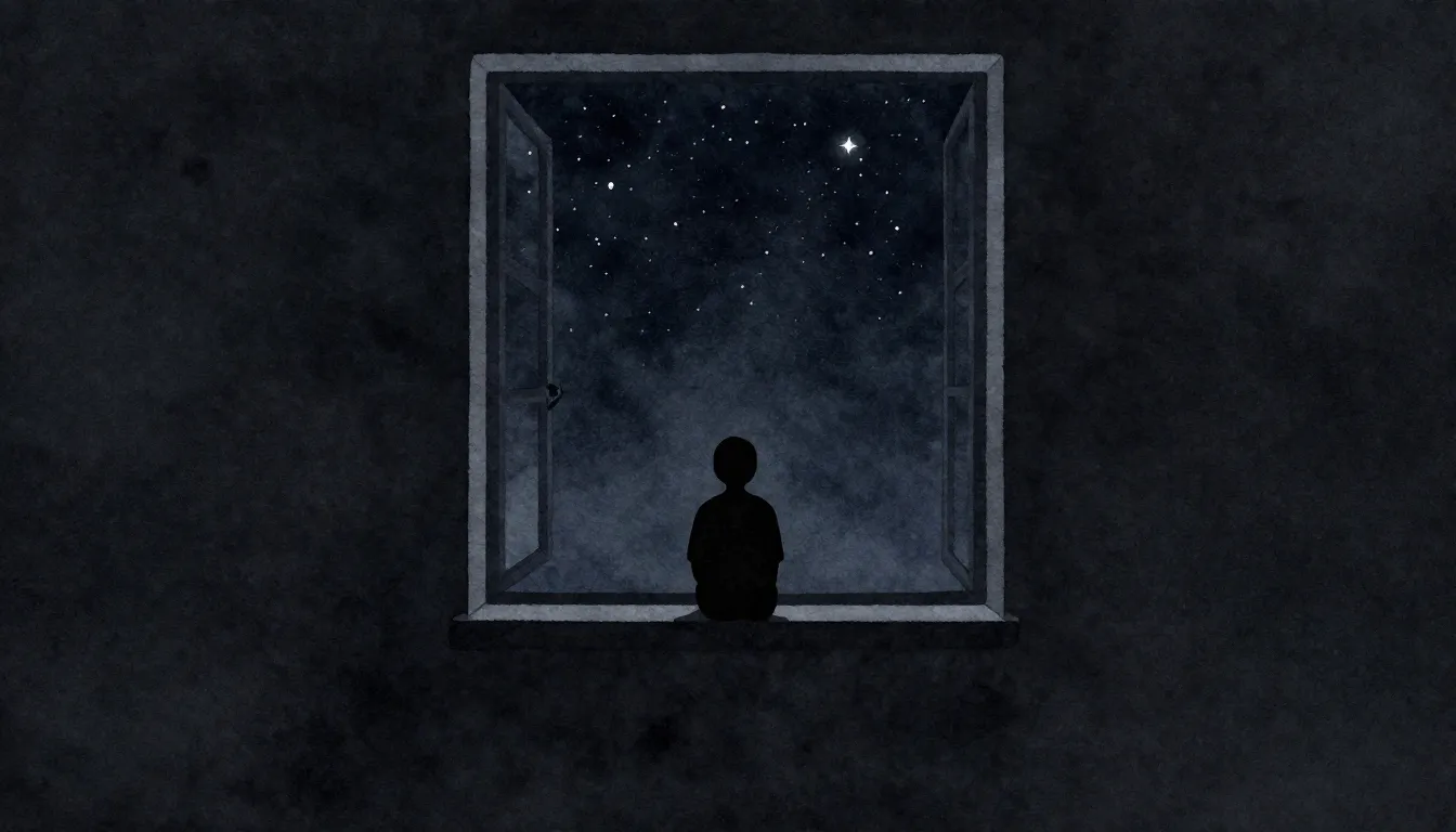 Watercolor style. Silhouette of a lonely figure by a window ...