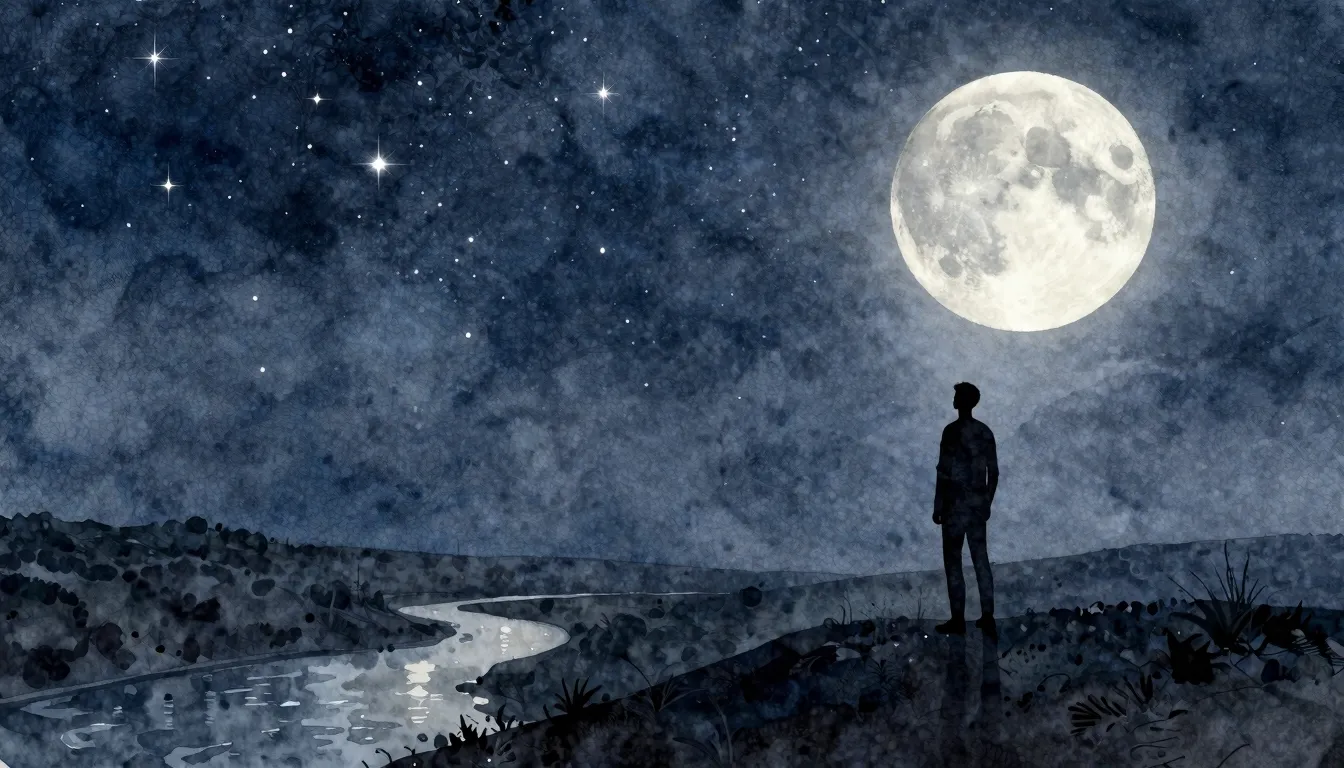 Watercolor style. A silhouette of a man stands on a hill, lo...