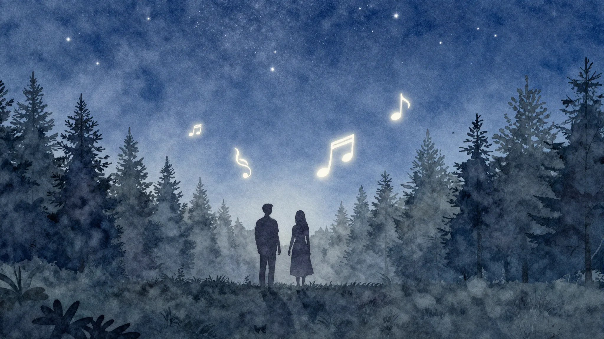 Watercolor style. A serene landscape with silhouettes of a c...