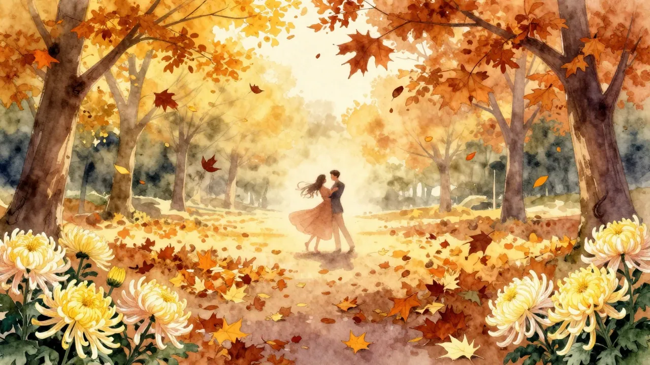 Watercolor style. Autumn park landscape, falling leaves, sil...