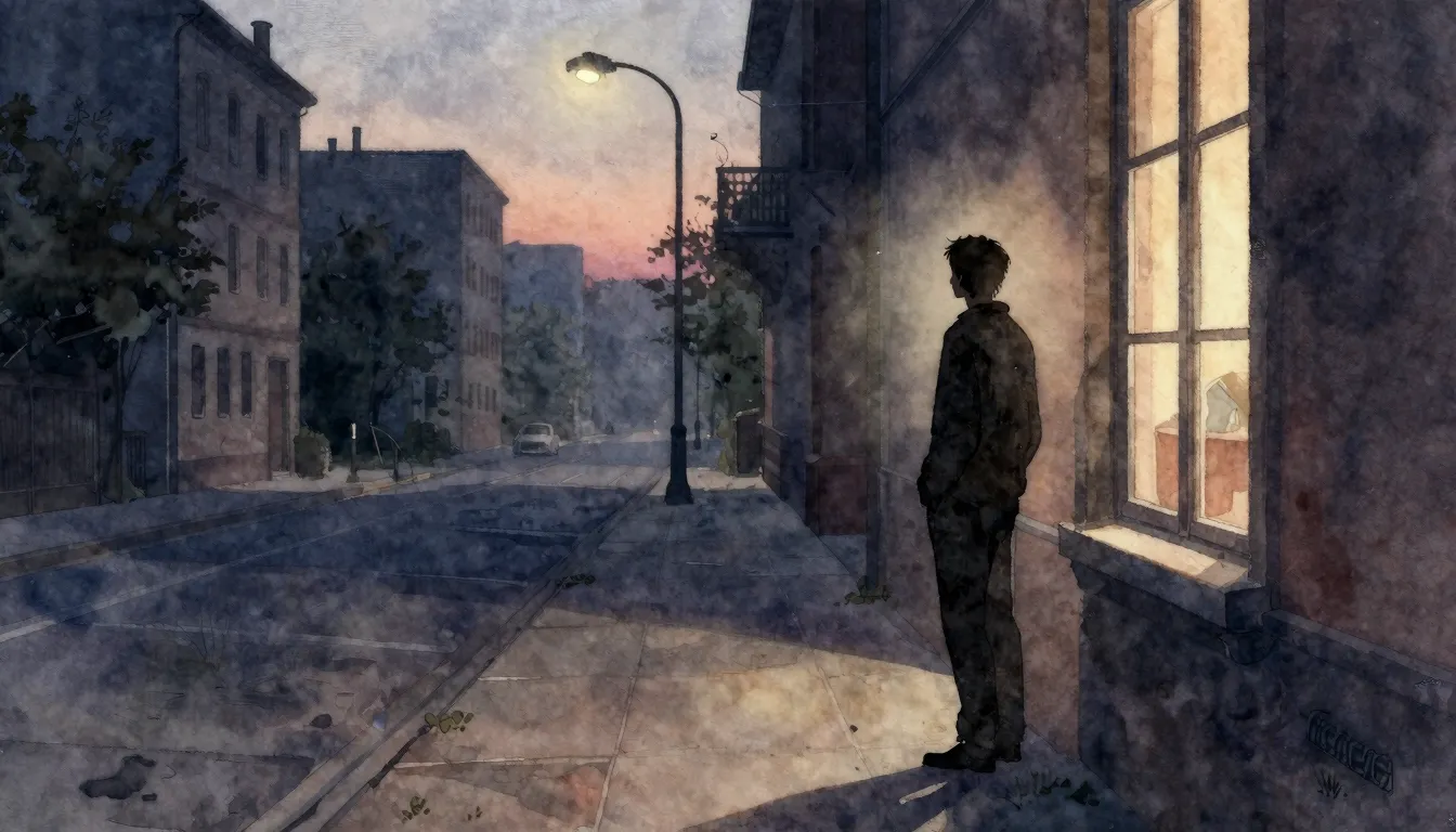 Watercolor style. A lonely silhouette of a man stands by a w...