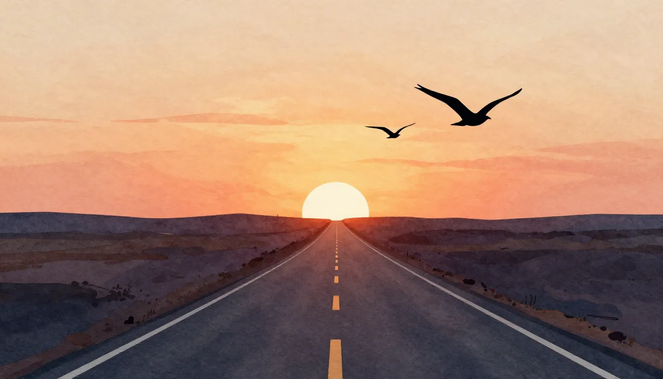 Watercolor style. A winding road stretching into a bright ho...