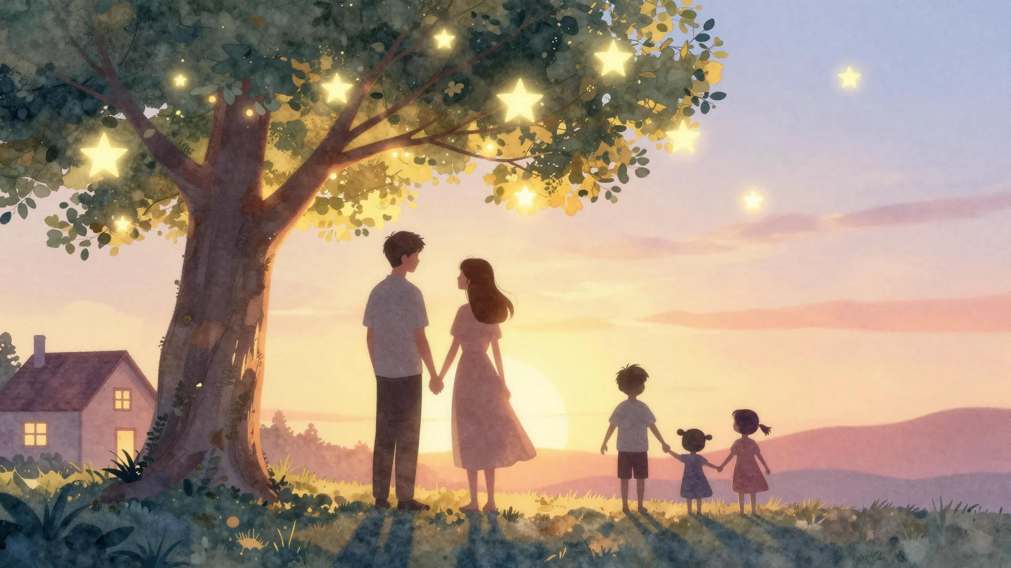 Watercolor style. Silhouettes of a loving couple standing un...