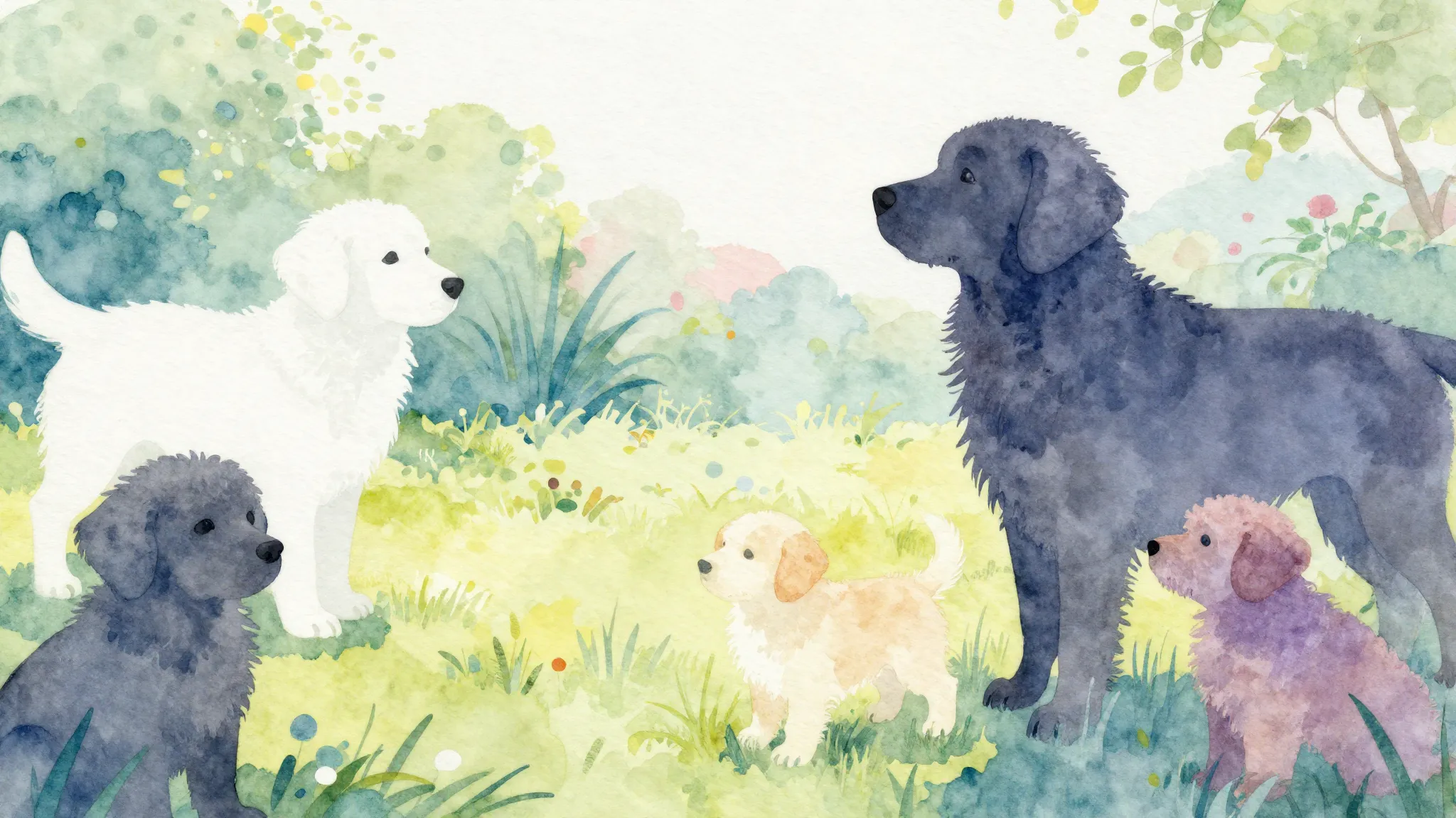 Watercolor style. Silhouettes of fluffy large puppies in a s...